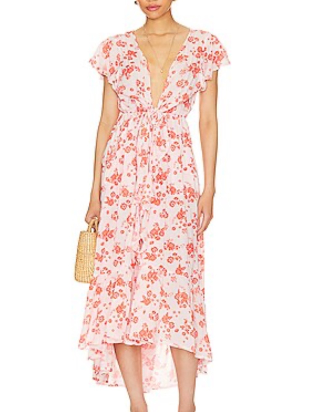 Revolve Tiare Hawaii Pink & Coral Floral High-Low Maxi Dress 100% Organic Bamboo